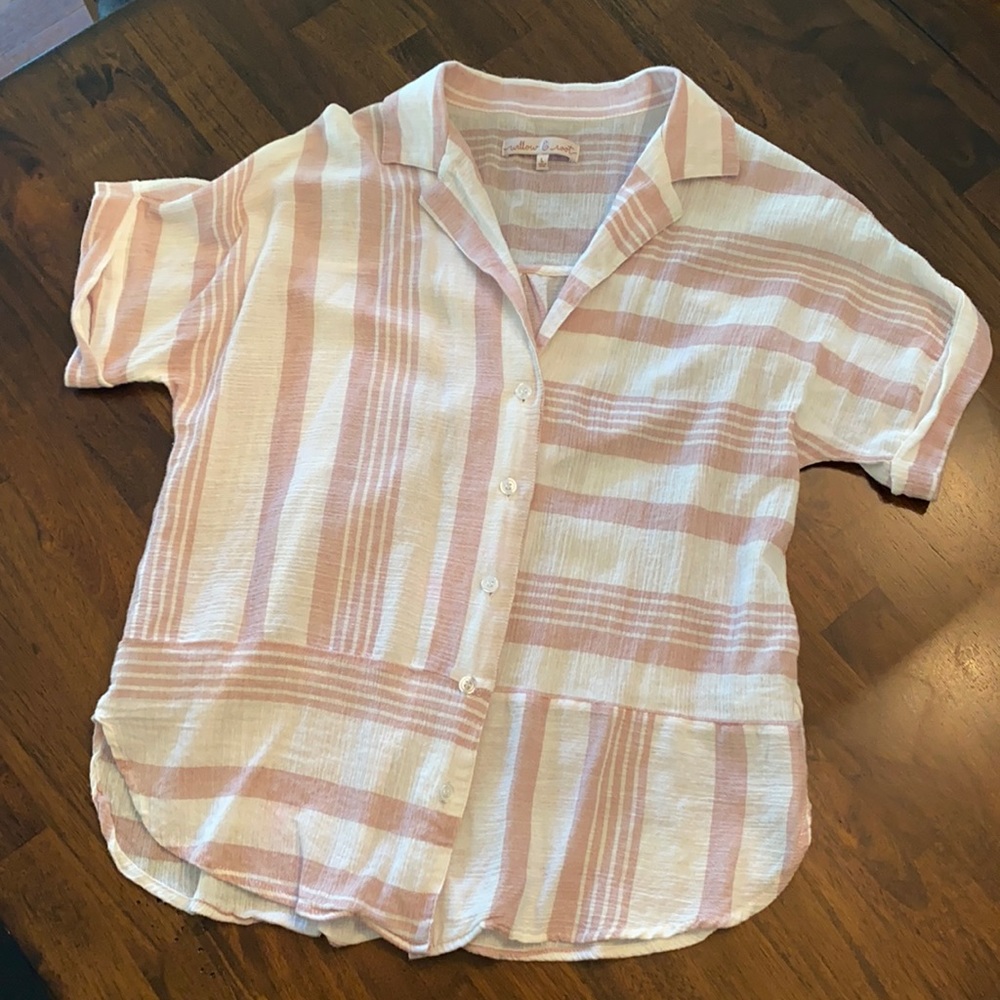Willow & Root Size L Button Down blouse, Pink/Blush & White Stripes